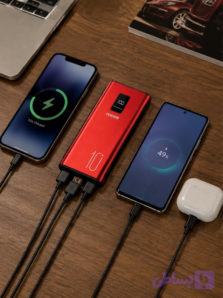 پاوربانک فراری Ferrari ظرفیت 10000 میلی‌آمپر واقعی | فست شارژ با دو خروجی USB، نمایشگر LED و چراغ قوه — تصویر 1