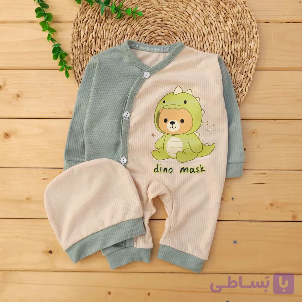 سرهمی کلاه دار کبریتی دکمه ای طرح دینو سبز نی نی روز — تصویر 1