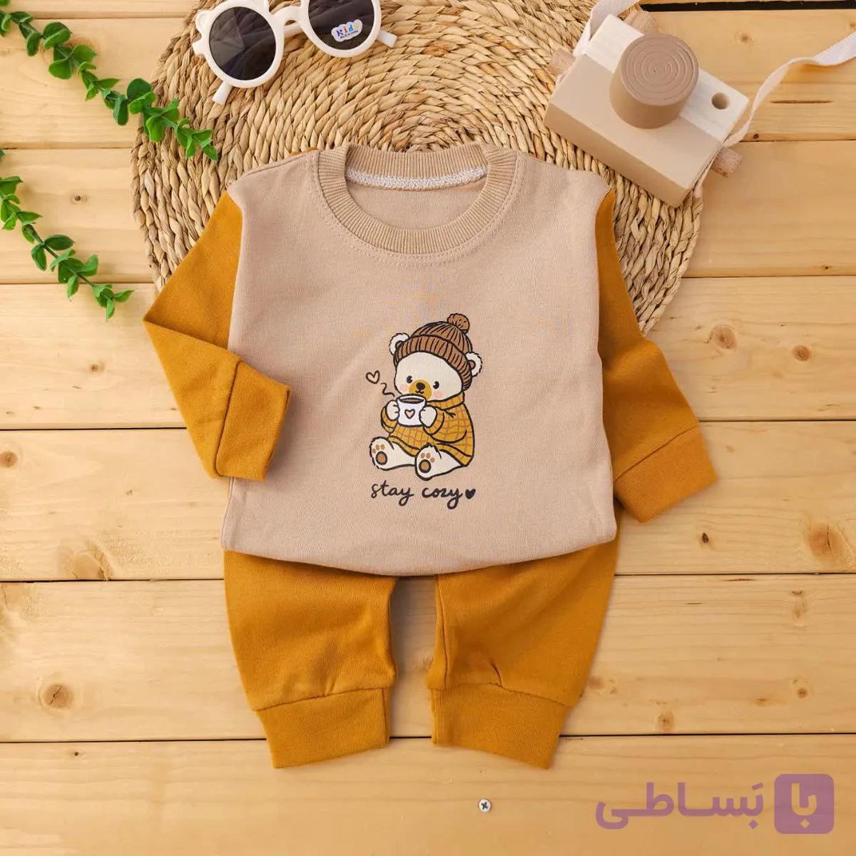 بلوز شلوار پنبه دورس طرح خرس قهوه خور نارنجی کرم آراس — تصویر 1