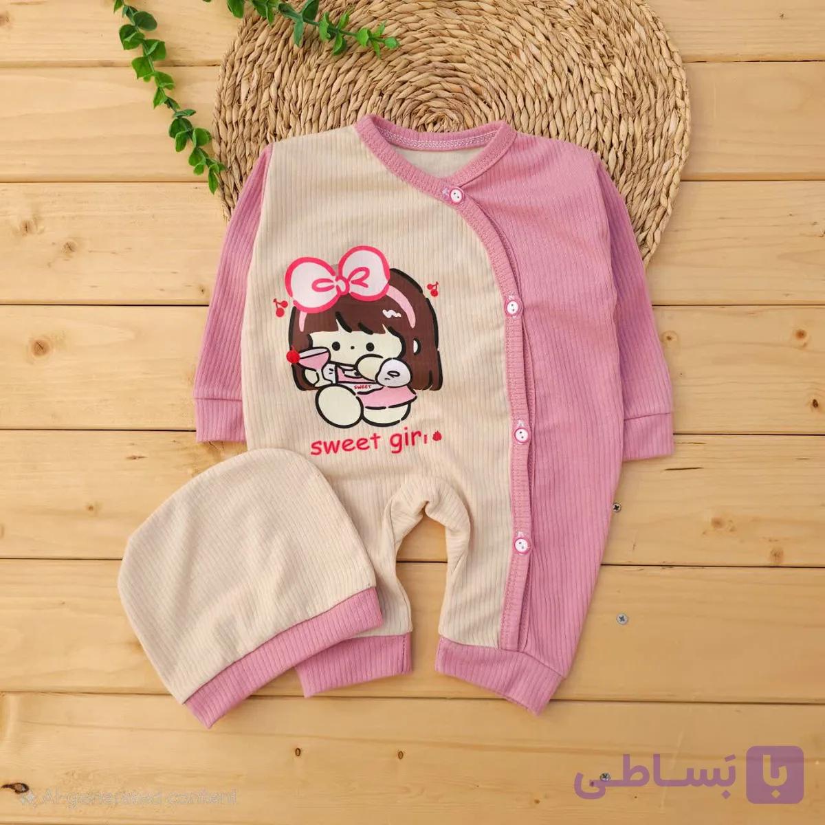 سرهمی کلاه دار کبریتی دکمه ای طرح دخترک Sweet صورتی نی نی روز — تصویر 1