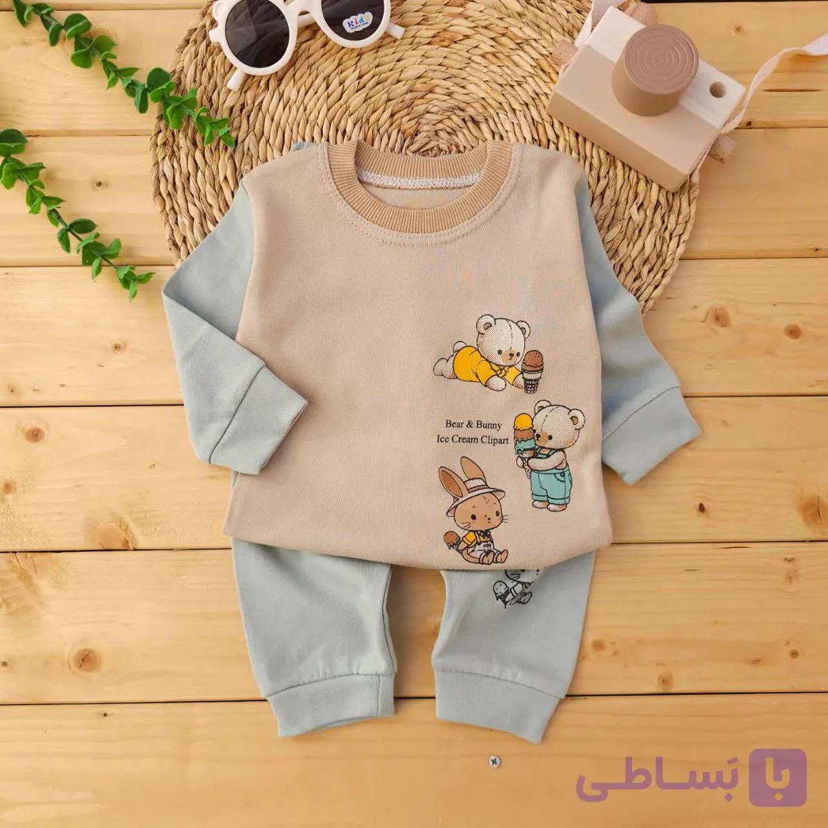 بلوز شلوار پنبه دورس طرح خرس بستنی خور سبز کرم آراس — تصویر 1