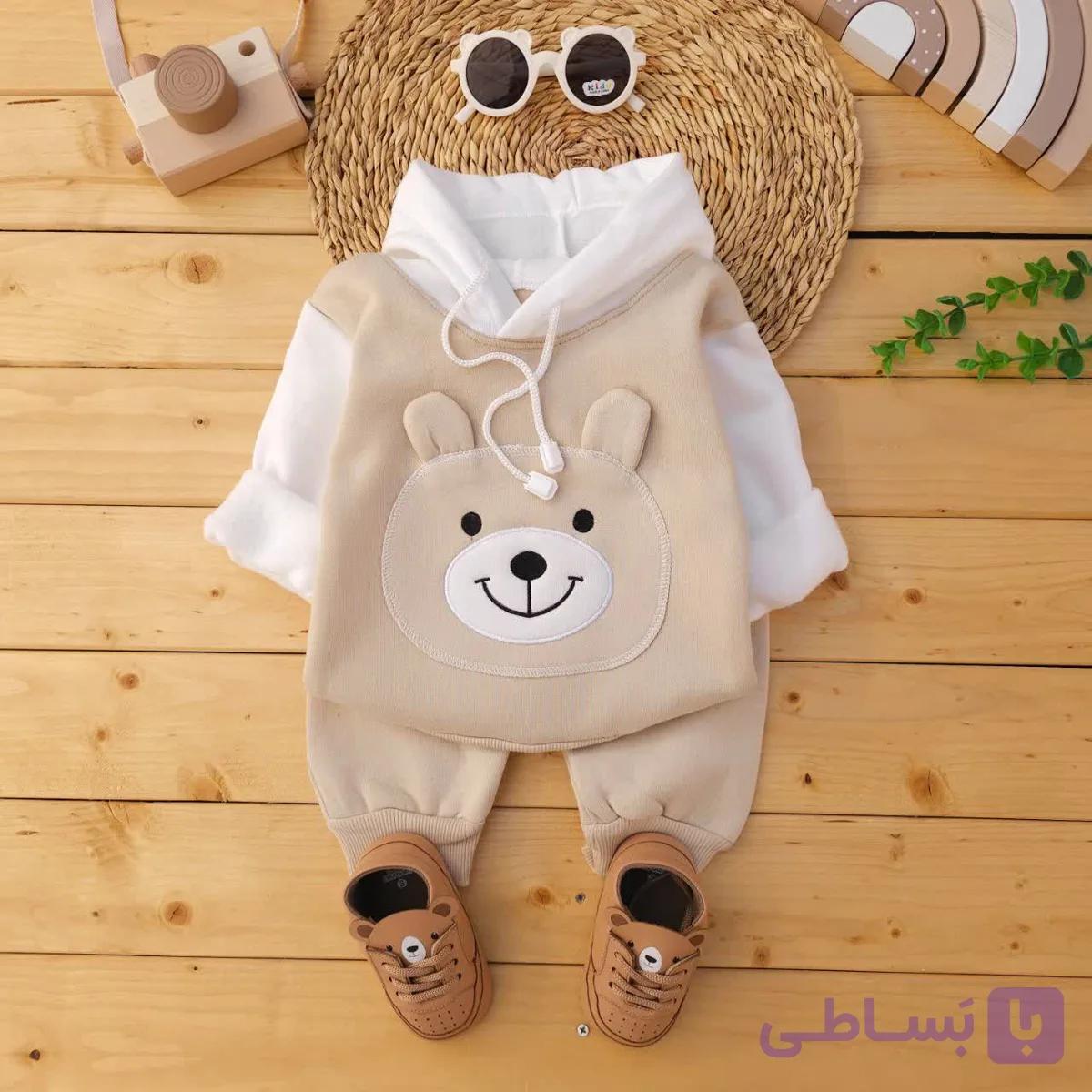 هودی شلوار کلاه دار داخل کرک Bear گوش برجسته کرم نی نی اسپرت — تصویر 1