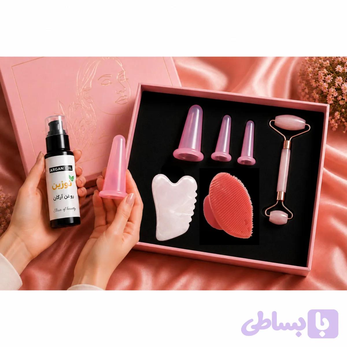 پک رفع چروک و جوانسازی صورت در خانه (گواشا قلبی دندانه دار + بادکش سیلیکونی + جیدرولر + روغن آرگان/جوجوبا)