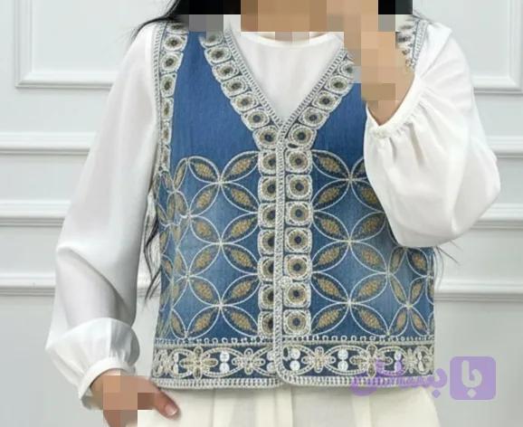 جلیقه وست جین خامه دوزی وارداتی جلو دکمه ترند پینترستی عید فری سایز تا ۴۲