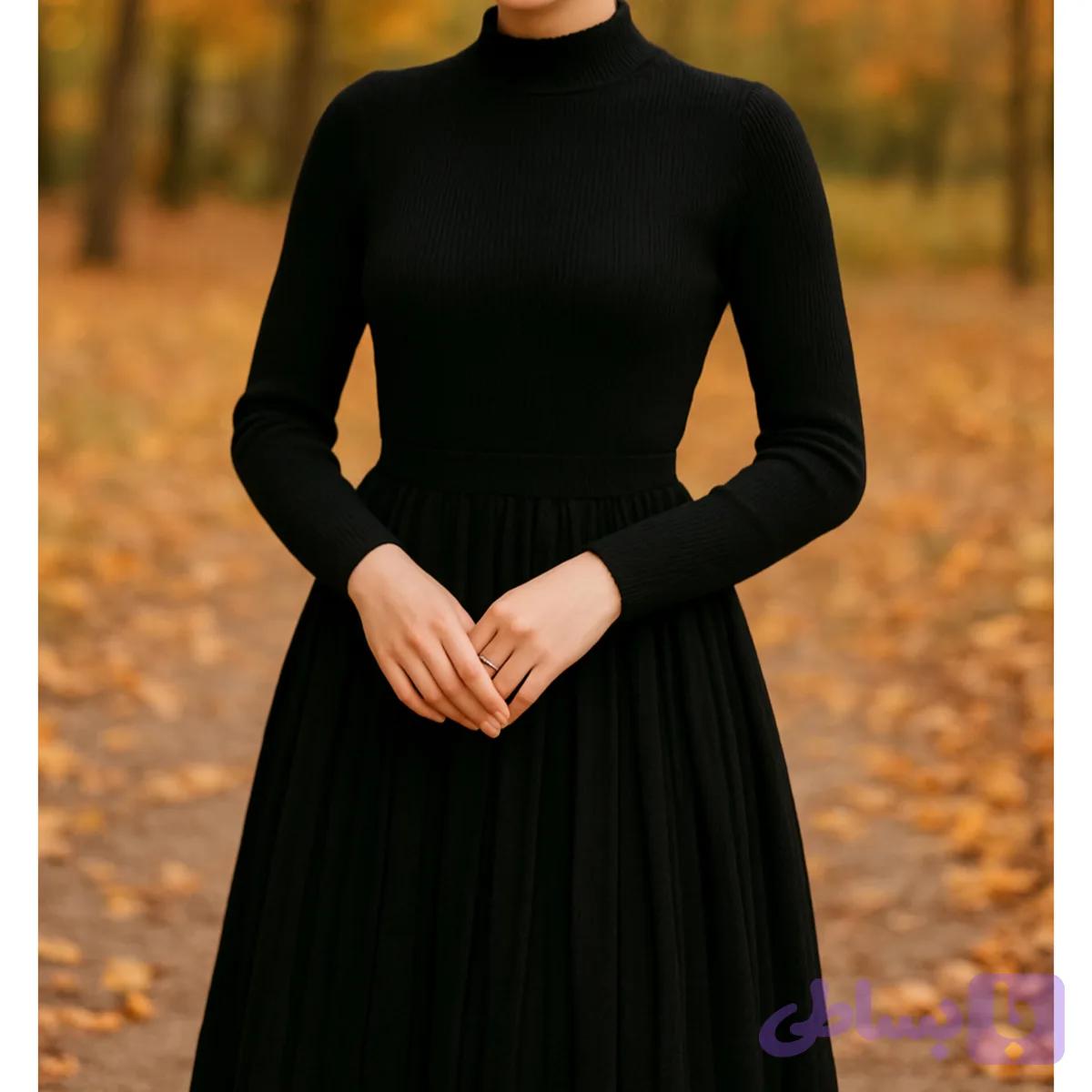 پیراهن بافت بلند دامن پلیسه یقه سه سانت آستین بلند زنانه وارداتی فری سایز تا ۴۶ مشکی