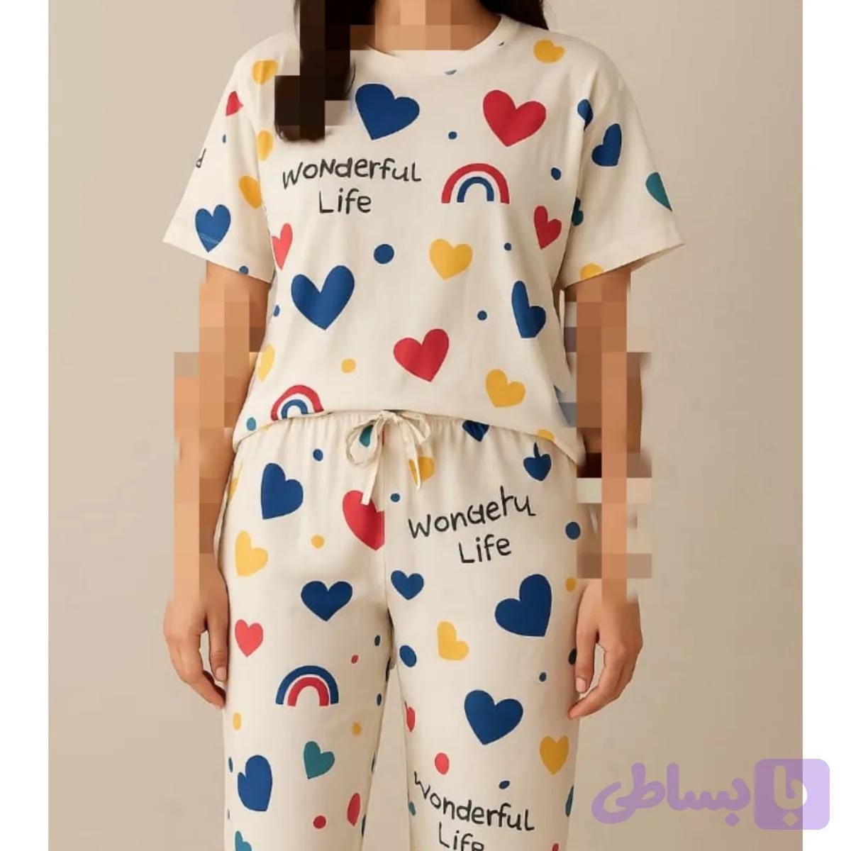 ست بلوز و شلوار راحتی نخی زنانه وارداتی طرح دار کارتونی فری سایز تا ۴۶