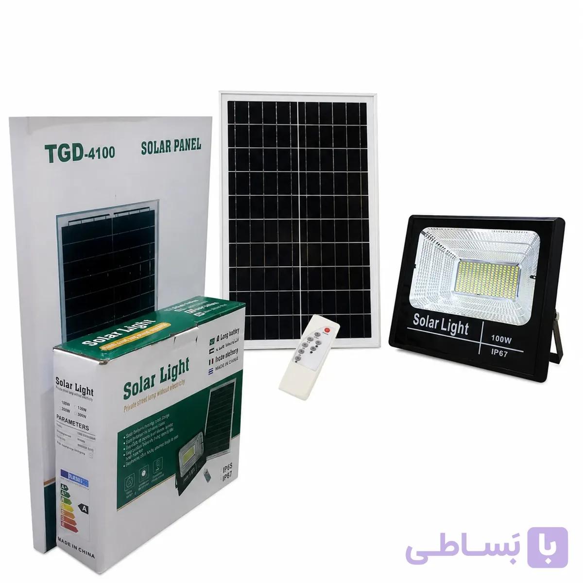 پروژکتور خورشیدی 100 وات مدل TGD-4100 | سولار لایت با پنل خورشیدی، ریموت کنترل و باتری پرقدرت