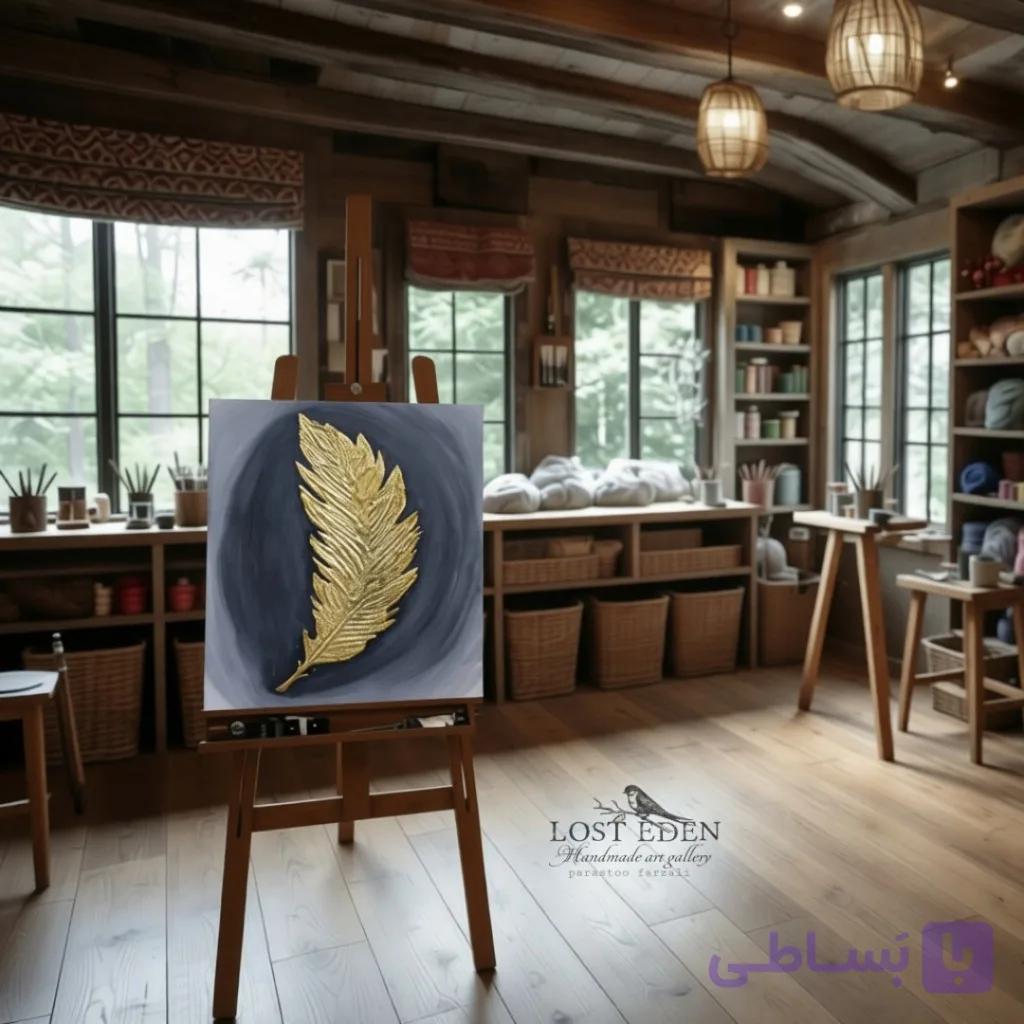تابلو نقاشی ورق طلا اکریلیک طرح پر سبک مدرن سایز ۲۰ در۳۰