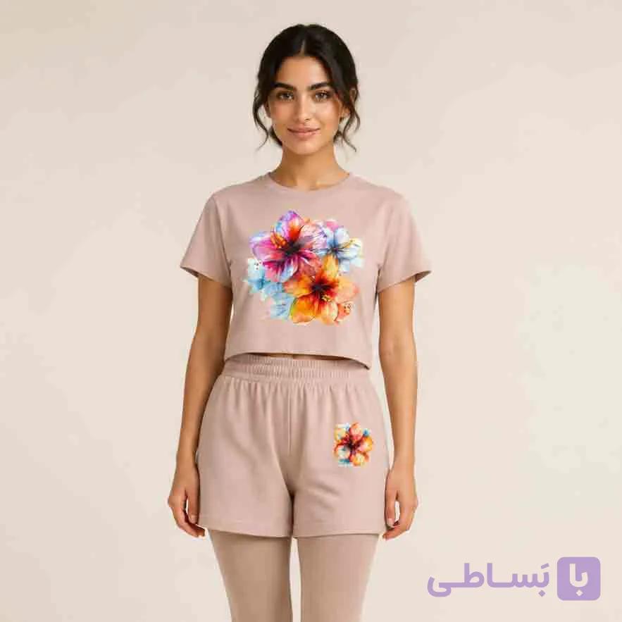 ست راحتی زنانه تیشرت کراپ و شرتک کرم پوست پیازی — تصویر 1