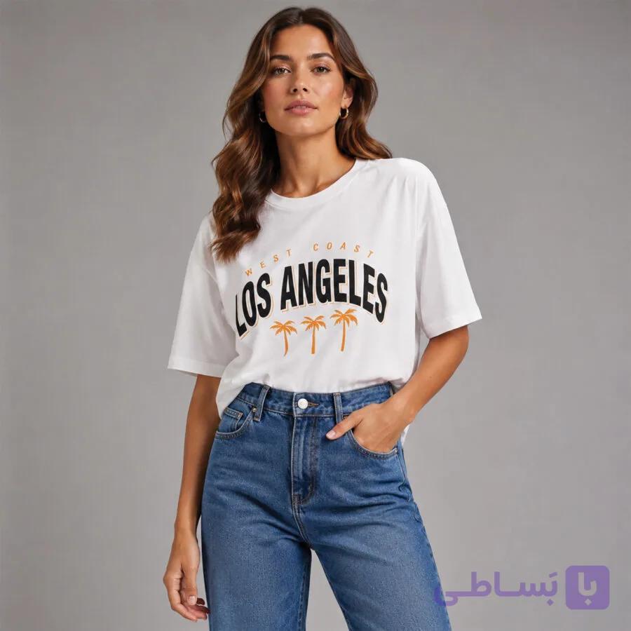 تیشرت پنبه‌ای لانگ طرح Los Angeles – رنگ سفید – آستین کوتاه استاندارد — تصویر 1