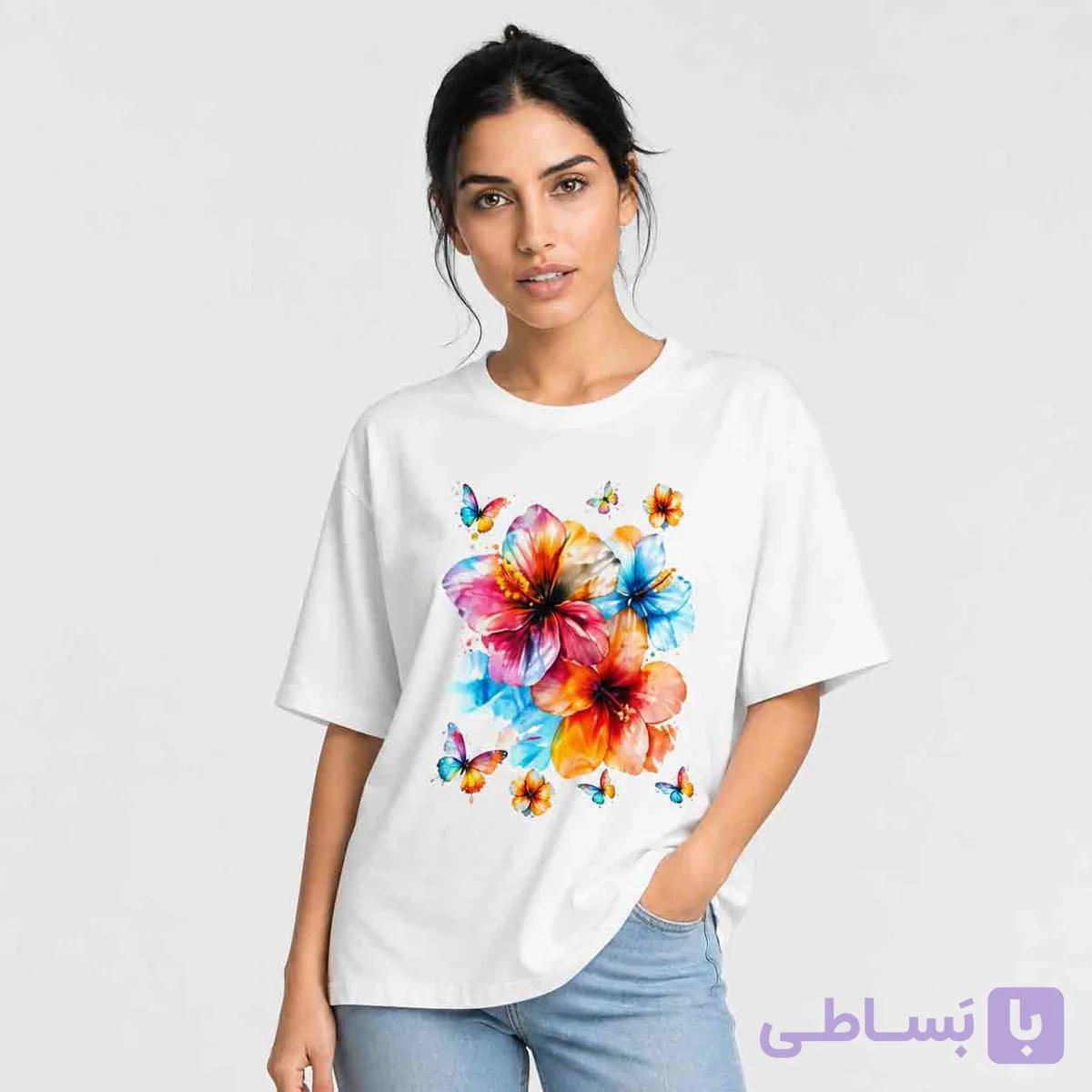 تیشرت اورسایز سفید زنانه طرح بهاری – تن‌خور آزاد و خنک با چاپ هنری — تصویر 1