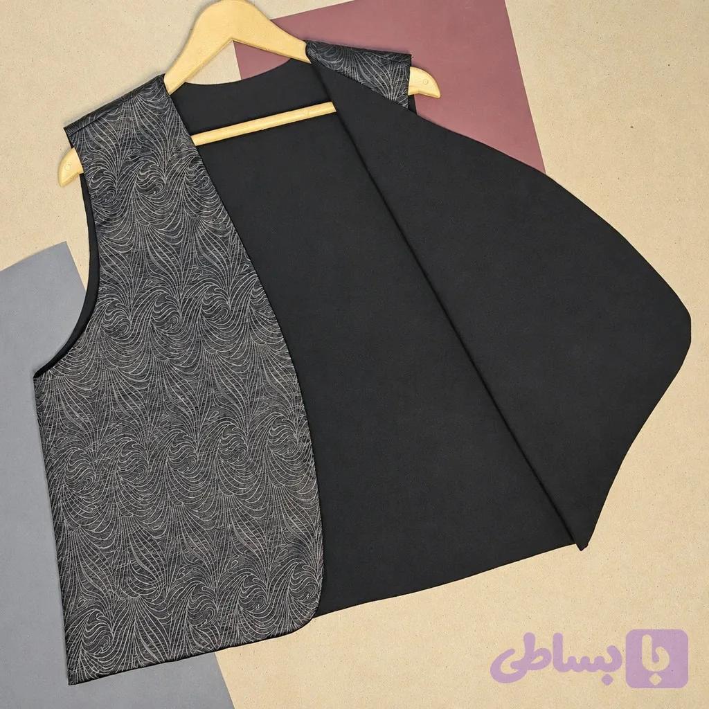 وست دو رو زنانه پرفام ساتن نقش دار و کتان نخی مشکی — تصویر 1