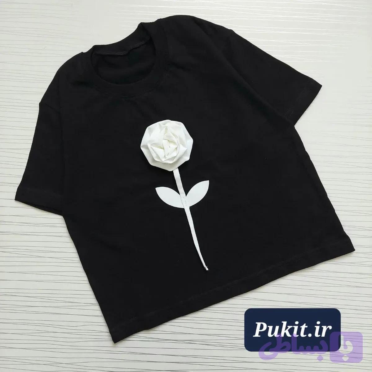 تیشرت تک مشکی دخترانه طرح رز سفید(3تا 12 سال ) — تصویر 1