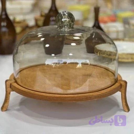 ظرف کیک خوری پایه دارزیره چوبی درب شیشه ای پا