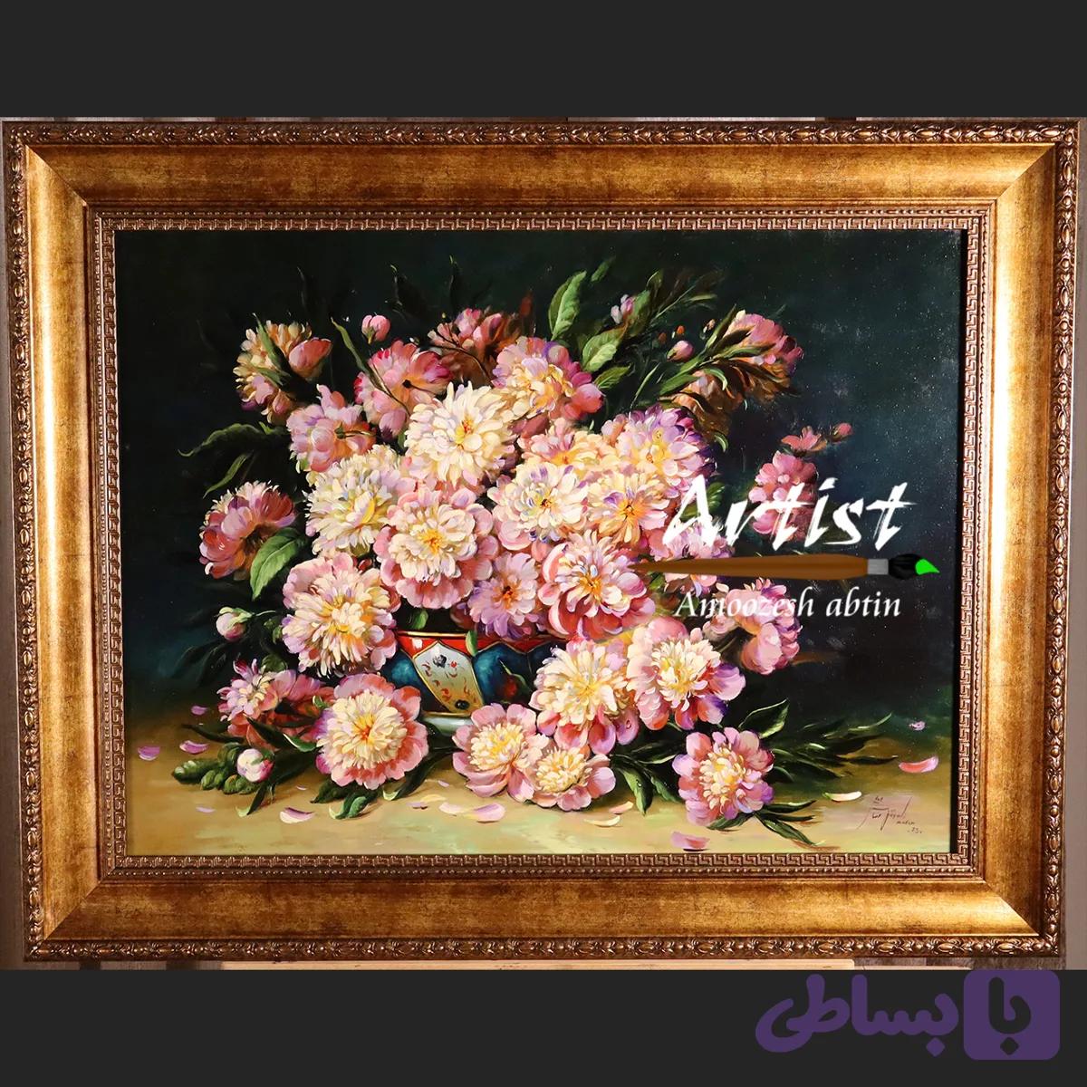 تابلو نقاشی گل صورتی کلاسیک رنگ روغن — تصویر 1