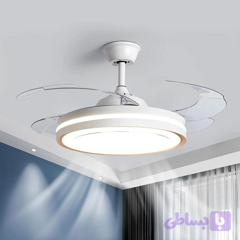 چراغ سقفی LED فلزی دارای فن اکرولیک با پره‌های قابل جدا شدن و جمع شونده / چراغ LED وارداتی با ۳ دمای رنگ (۳۰۰۰، ۴۰۰۰ و ۶۵۰۰ کلوین) – کنترل از راه دور ۶ سرعته – رنگ بدنه سفید و مشکی کد 108 و 109 — تصویر 1