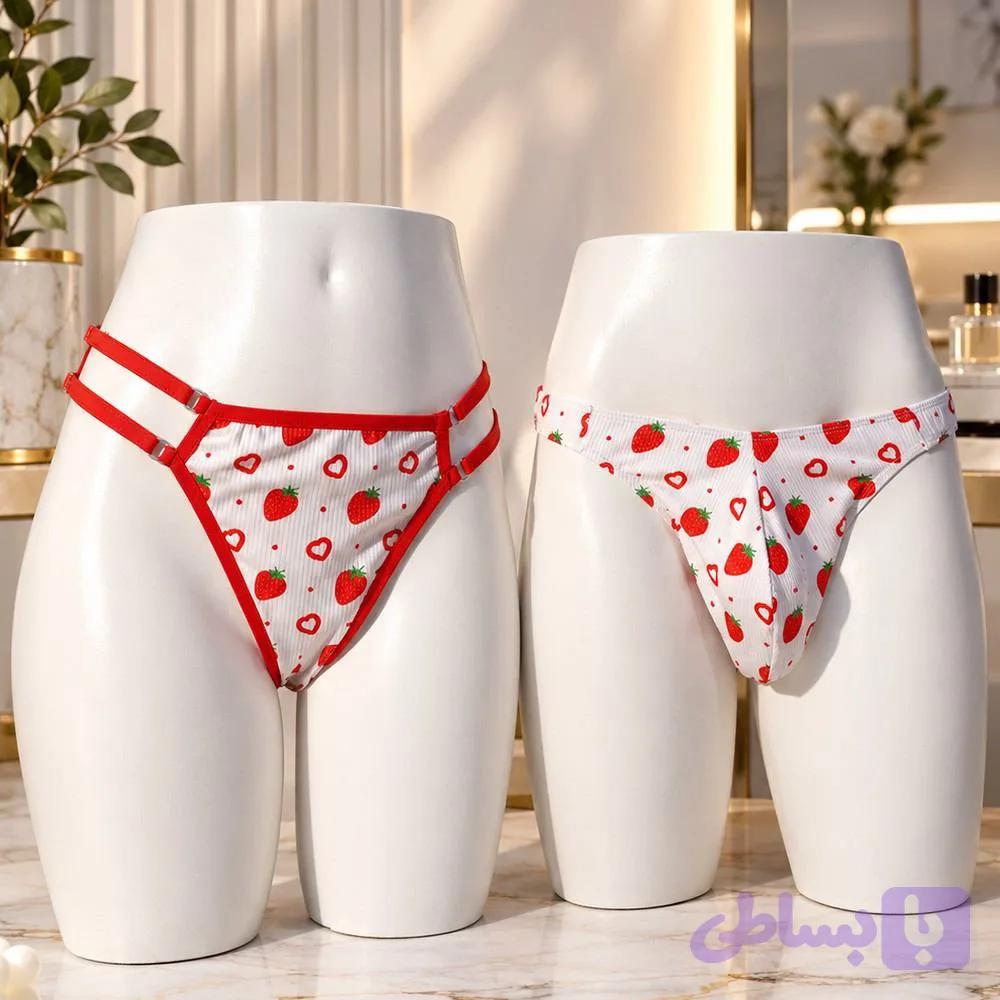 ست شورت زنانه و مردانه طرح توت‌فرنگی و قلب فانتزی | مدل تانگا کاپلی با پارچه لطیف و کشسان — تصویر 1