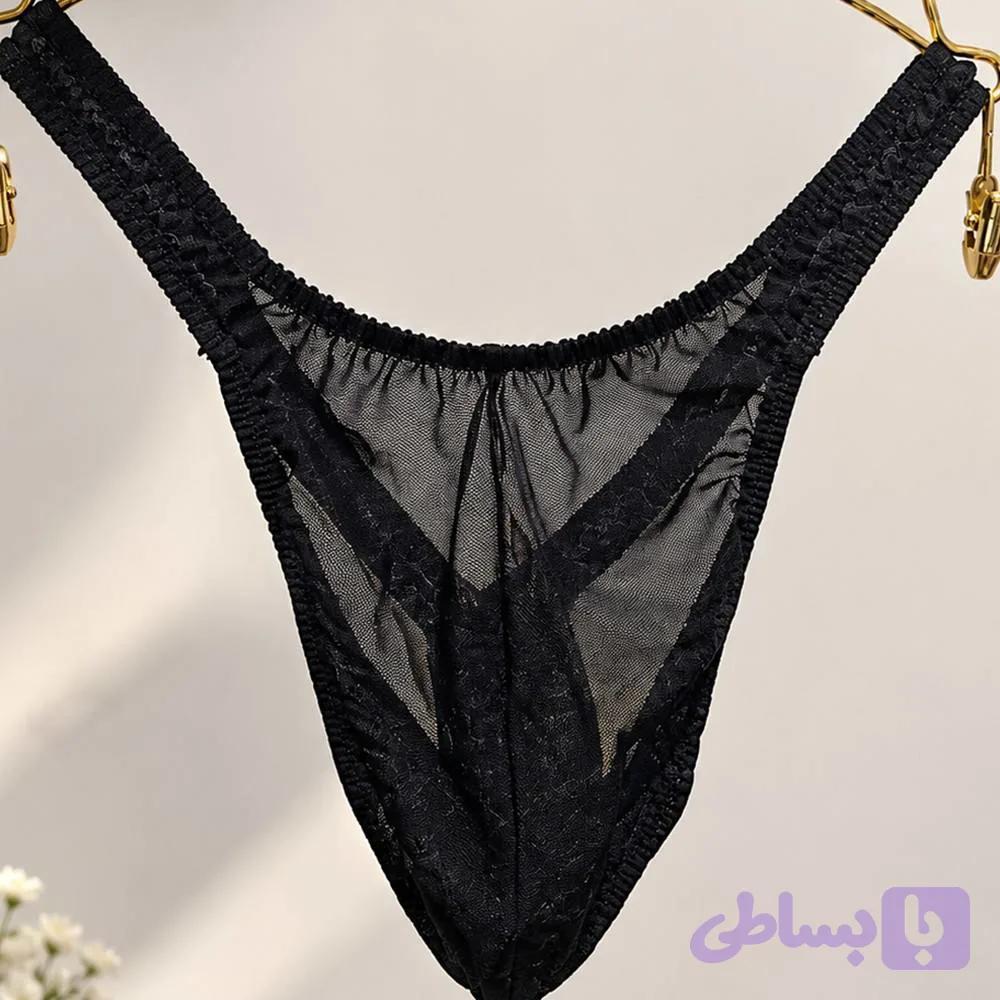 شورت تانگا توری مردانه مشکی | مدل فانتزی با پارچه مشبک لطیف — تصویر 1