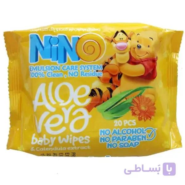 دستمال مرطوب نرم کننده کودک نینو 20 عددی مدل Aloevera آلوئه ورا — تصویر 1