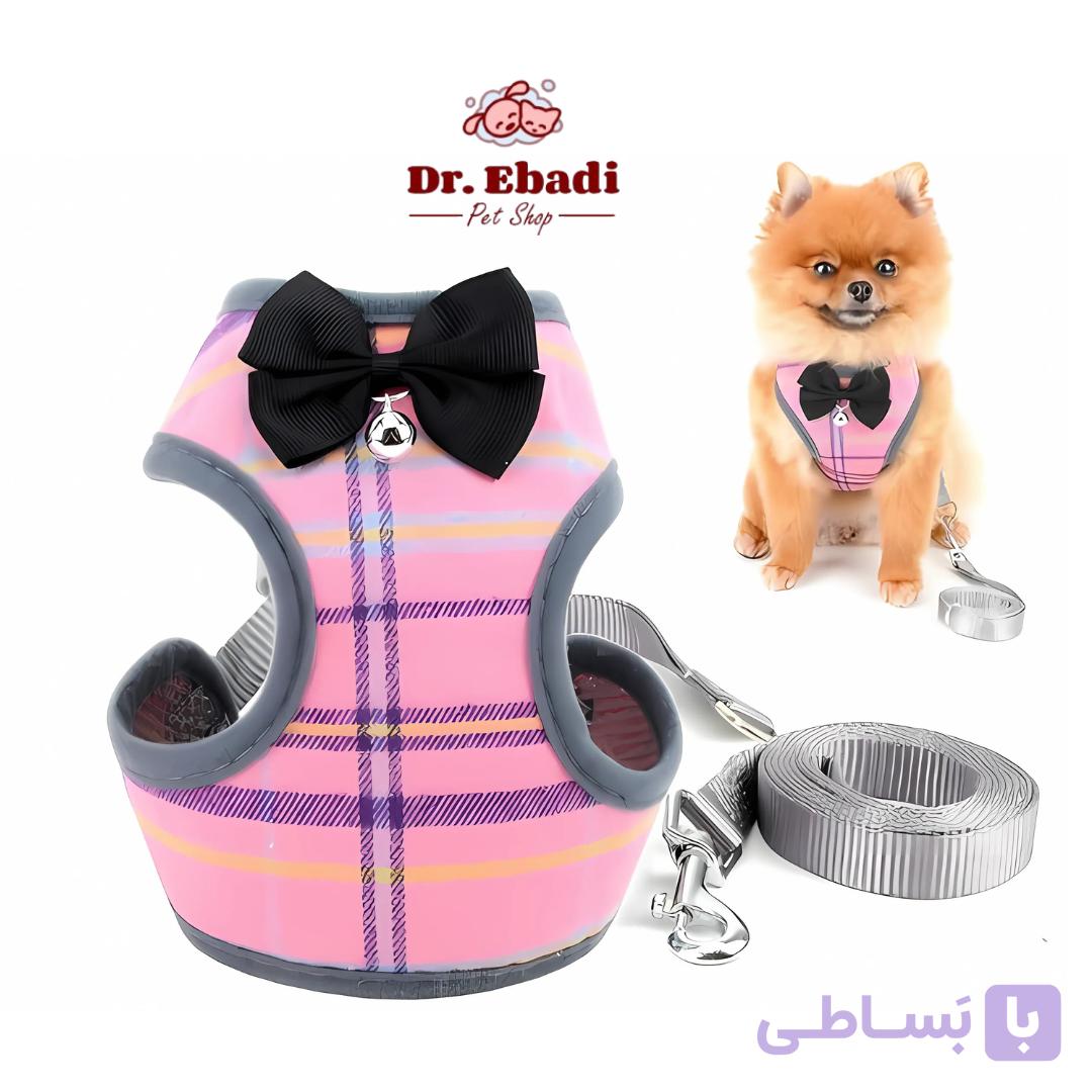 قلاده تنی (هارنس) سگ و گربه طرح چهارخانه با پاپیون و زنگوله — تصویر 1