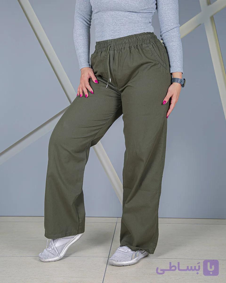 شلوار بسیار خنک کتان کاغذی سبز ارتشی زنانه | Olive Green Cotton Paper Pants | کمر کش | قد 102 سایز 38 تا 48 | کد 60400 — تصویر 1