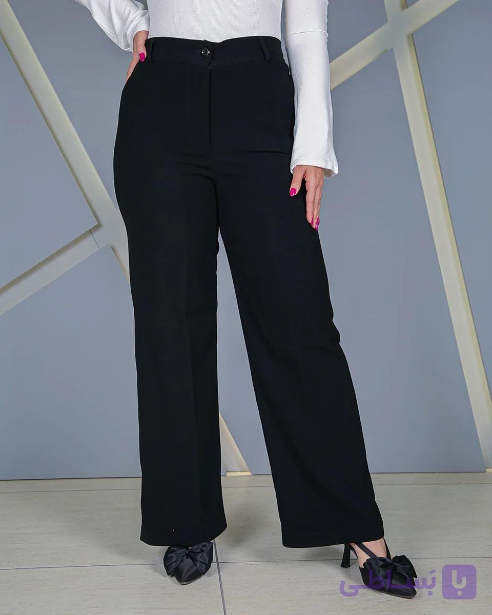 شلوار نیم بگ کرپ مشکی زنانه رسمی | قد 105 سایز 42 تا 52 | Black Crepe Semi-Baggy Pants – کد 60500 — تصویر 1