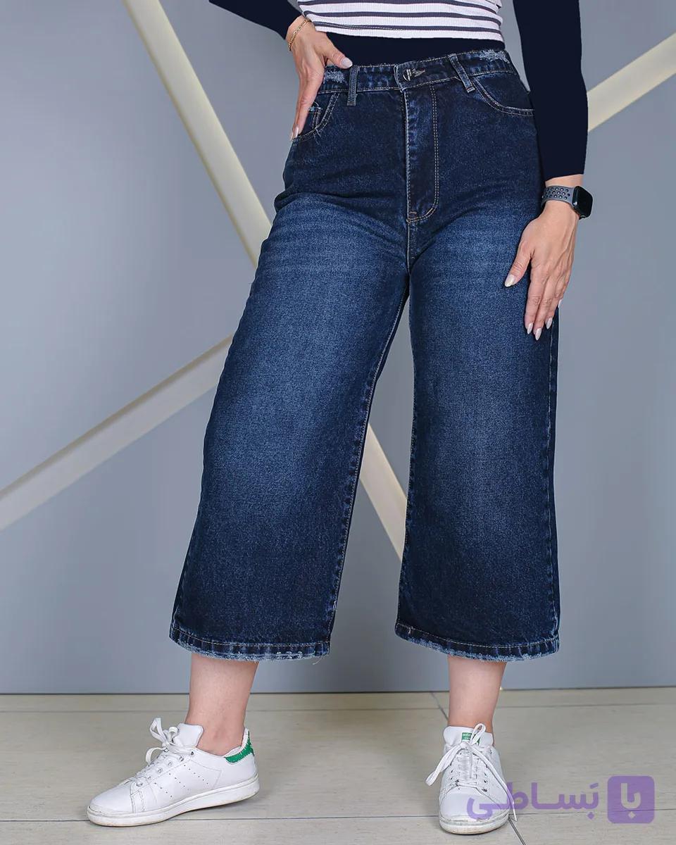 شلوار جین واید لگ آبی تیره زنانه کمرکش قد 84 | مدل Wide Leg | کد 80500 — تصویر 1
