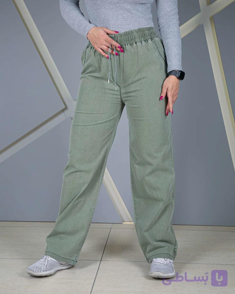 شلوار نیمبگ جین کاغذی سبز زنانه | قد 102 سایز 36 تا 50 | Green Paper Jeans Semi-Baggy Pants | کد 50600 — تصویر 1