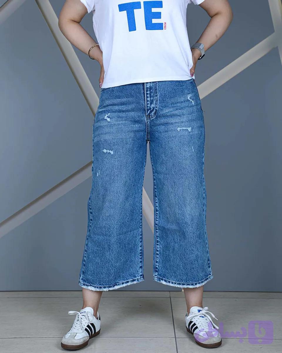 شلوار جین واید لگ آبی متوسط سایه دار زنانه | قد 84 سایز 36 تا 46 | Washed Medium Blue Wide Leg Jeans | کد 90700 — تصویر 1