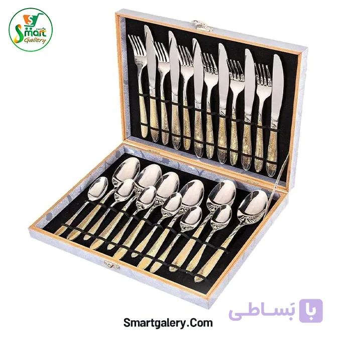 سرویس قاشق و چنگال ۲۴ پارچه ۶ نفره استیل طرح طلایی — تصویر 1