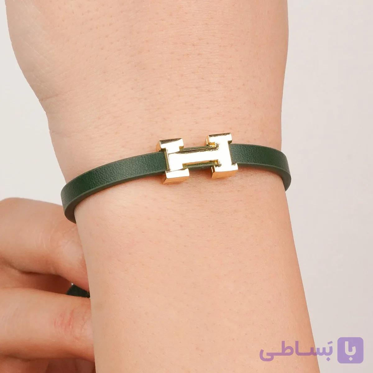 دستبند چرم استیل Hermes رنگ سبز