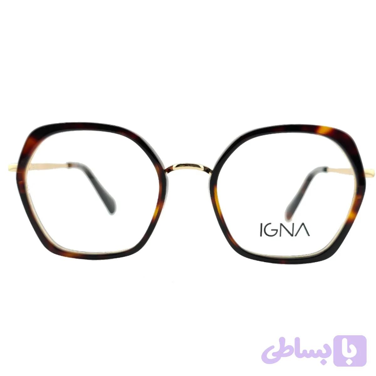 فریم عینک طبی ترکیب کائوچو و فلز رنگ هاوانا و طلایی از برند ایگنا IGNA مدل چندضلعی