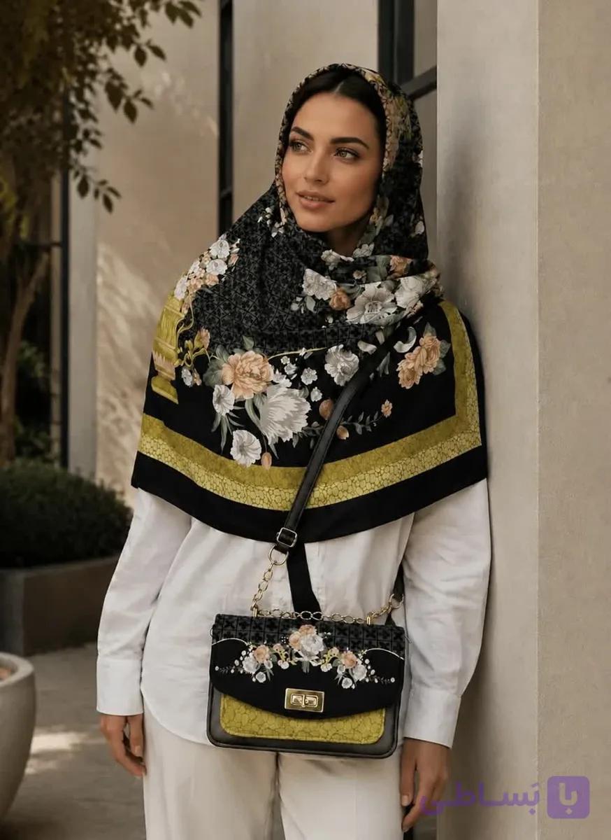 ست کیف و روسری زنانه طرح جدید ال وی ماکان مشکی روسری زنانه مشکی کیفیت عالی کد mo1049
