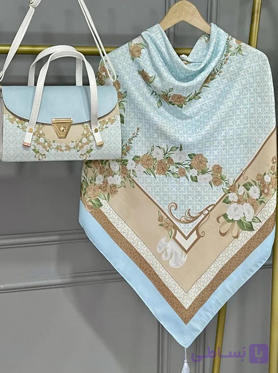 ست کیف و روسری زنانه طرح جدید ال وی ماکان آبی روسری زنانه آبی کیفیت عالی کد mo1058