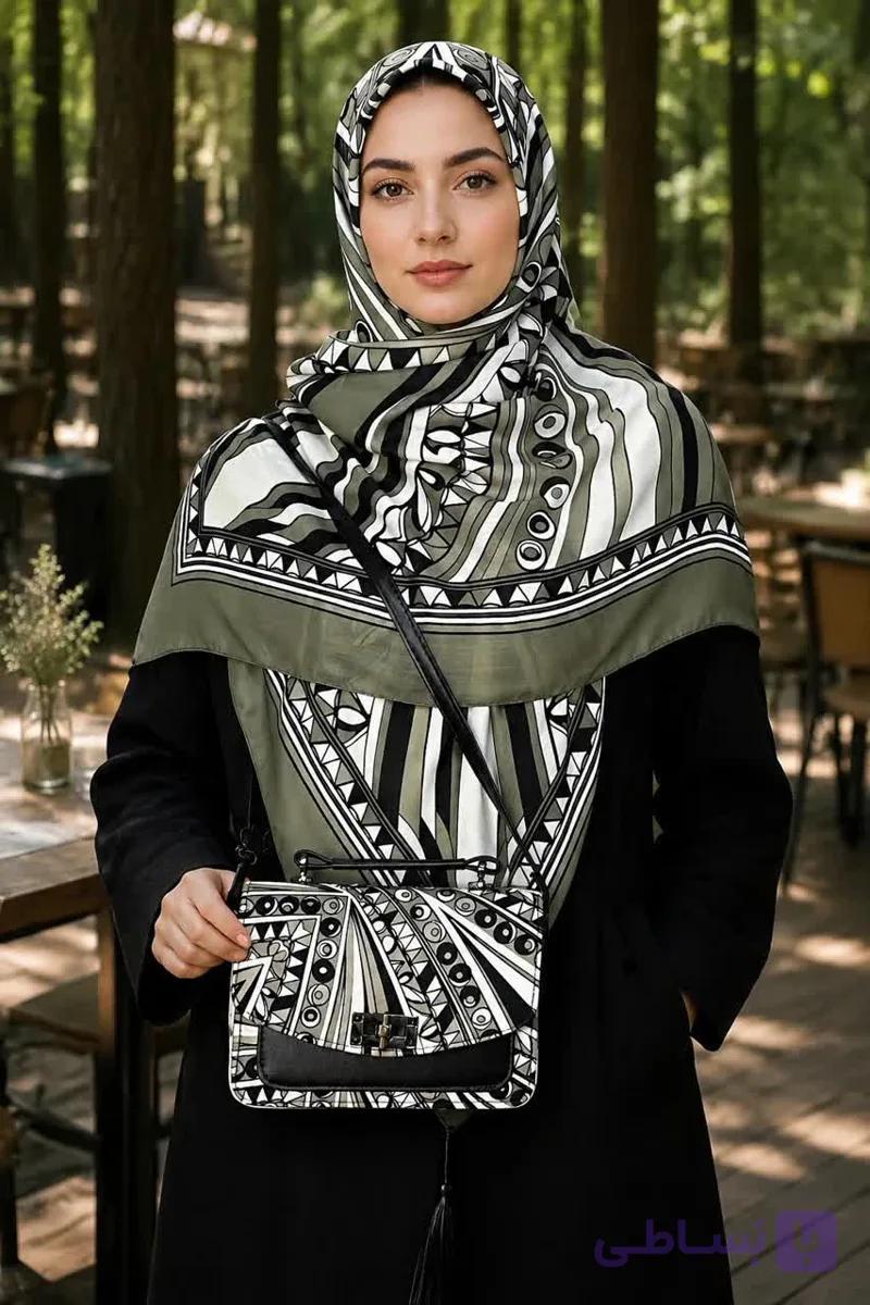 ست کیف و روسری زنانه طرح جدید ریما خاکی روسری زنانه خاکی کیفیت عالی کد mo1061