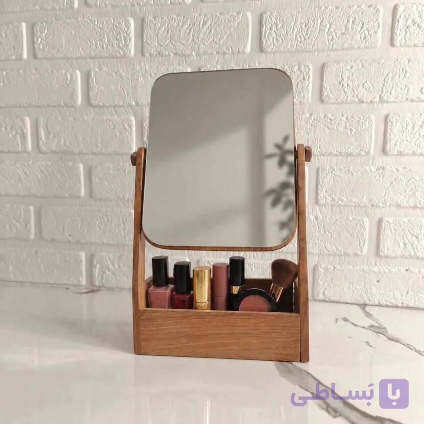 آیینه آرایشی رومیزی گردون با جای لوازم آرایش دستساز گردو کد 488 — تصویر 1