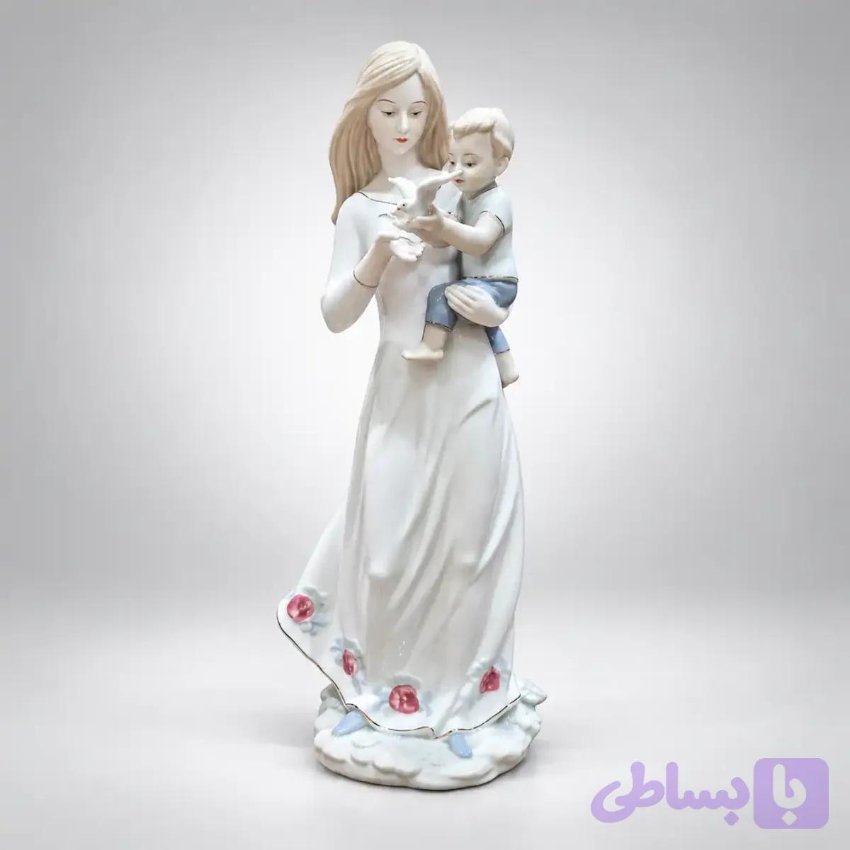 مجسمه چینی مادر و کودک با پرنده — تصویر 1
