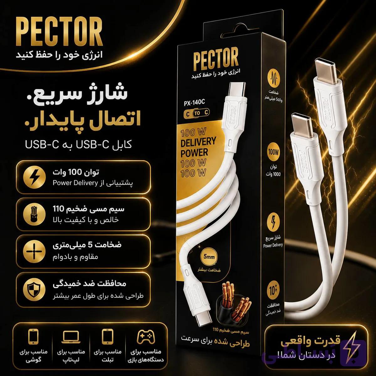 کابل Pector PX-140C یک کابل قدرتمند USB-C به USB-C با پشتیبانی از توان حداکثری 100 وات است که برای شارژ انواع دستگاه‌های مجهز به درگاه Type-C طراحی شده است. — تصویر 1