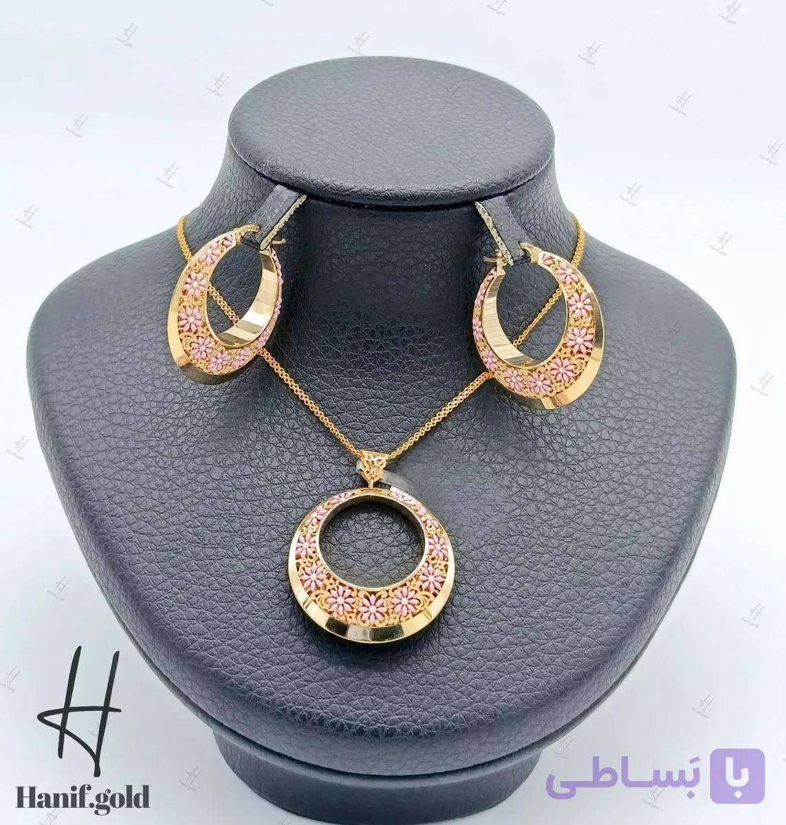 نیم ست طلای طرح دایره با مینای صورتی(کالکشن سیمرغ) — تصویر 1