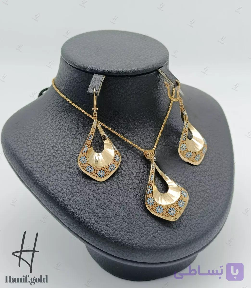 نیم ست طلای طرح دایره با مینای آبی(کالکشن سیمرغ) — تصویر 1