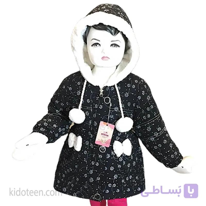 کت کلاه دار زمستانی دخترانه گل ریز مشکی — تصویر 1