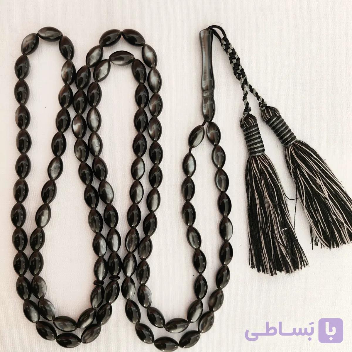 تسبیح کهربا پودری زرافشان 101عددی رنگ سیاه تراش هلی و خوشدست