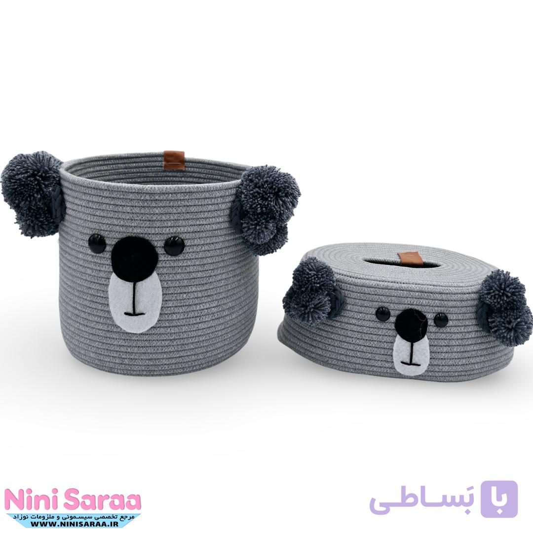 سطل و جای دستمال کاغذی باکیفیت و عروسکی اتاق کودک قیطان طرح کوالا رنگ طوسی