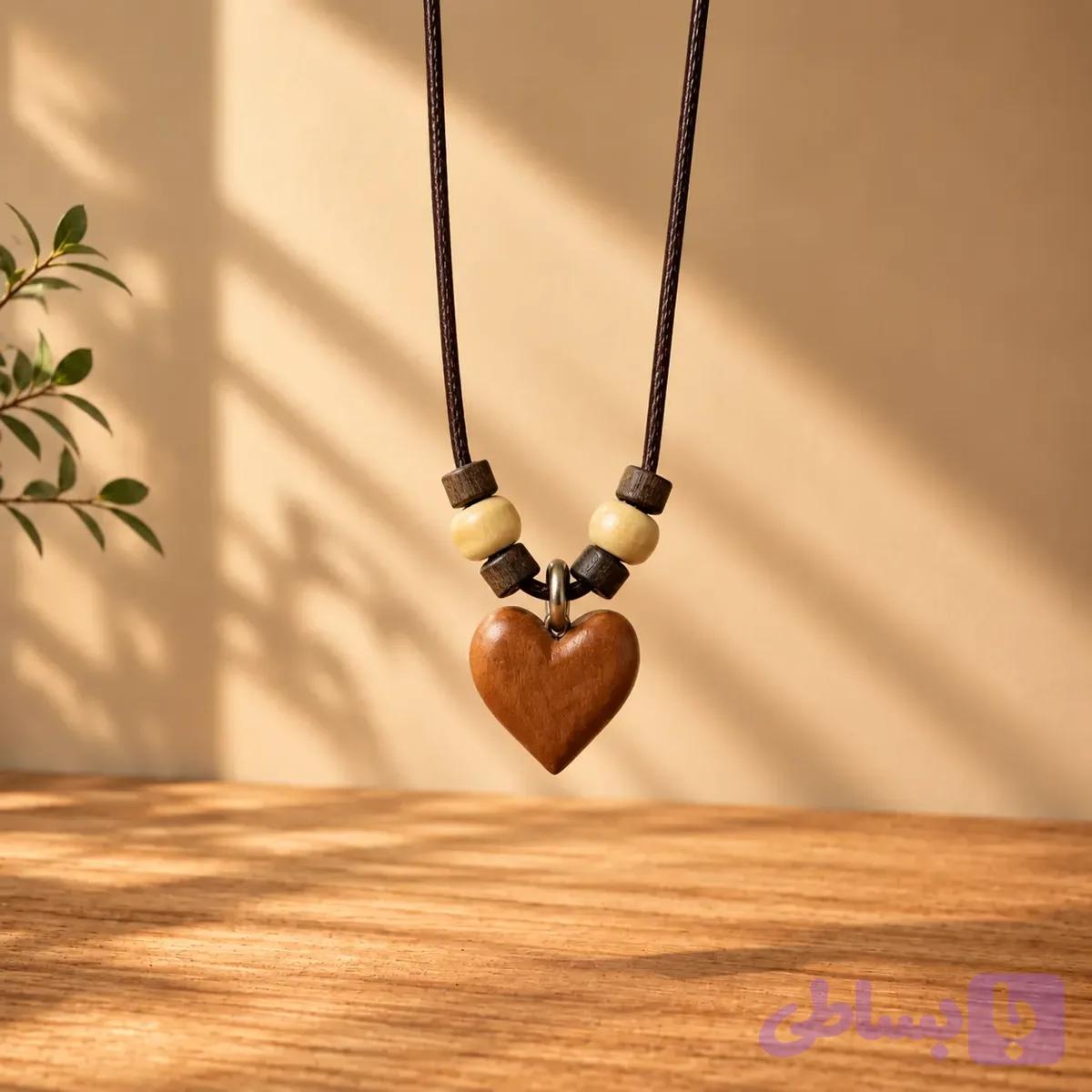 گردنبند چوبی طبیعی قلب — تصویر 1