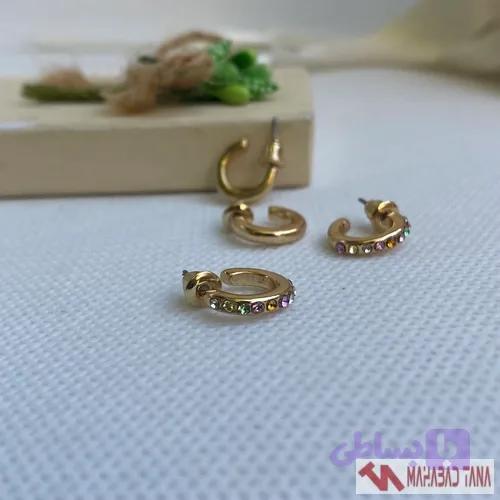 پک گوشواره‌های حلقه‌ای طلایی نگین‌دار برند SIX — تصویر 1