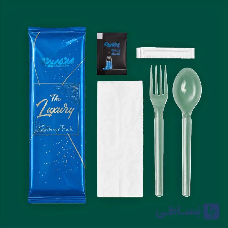 پک قاشق چنگال یکبار مصرف لاکچری با لفاف آبی کارتن 450 تایی — تصویر 1