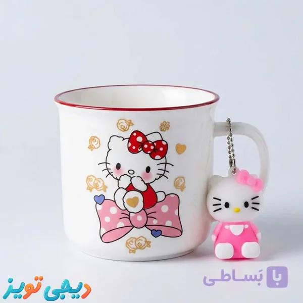 ماگ سرامیکی هلو کیتی طرح گلی + آویز عروسکی (Hello Kitty Ceramic Mug)