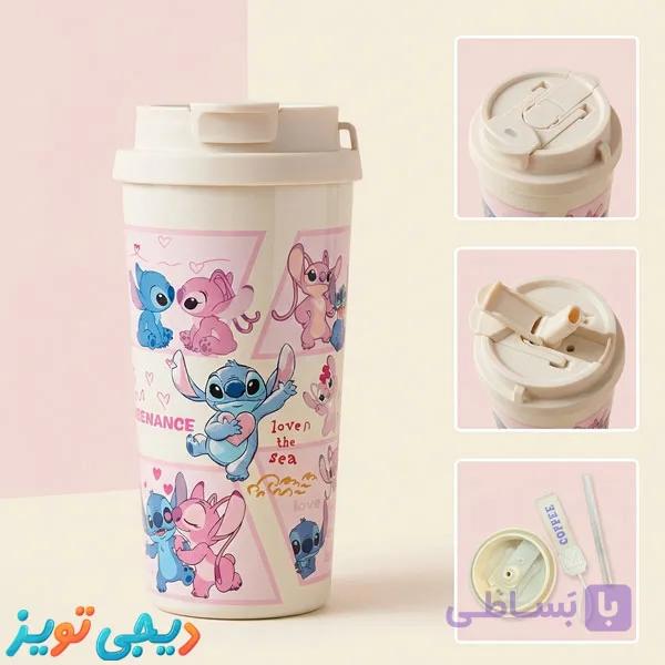 تراول ماگ طرح استیچ و انجل (Stitch & Angel) | نی‌دار با درب فلیپ‌لید قفل‌دار