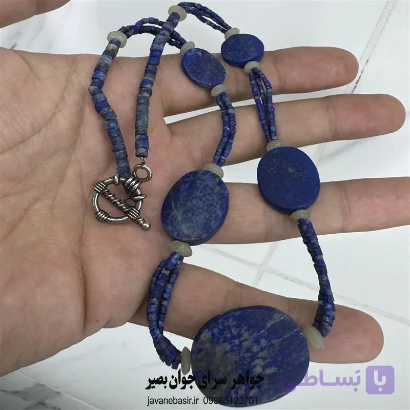گردنبند لاجورد افغانستان اصل | مهره‌های تخته‌ای رگه‌طلایی — تصویر 1