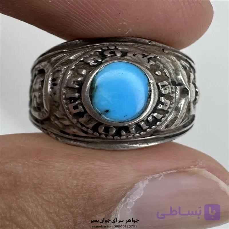 انگشتر فیروزه عجمی اصل با رکاب نقره کهنه و پرنقش — تصویر 1